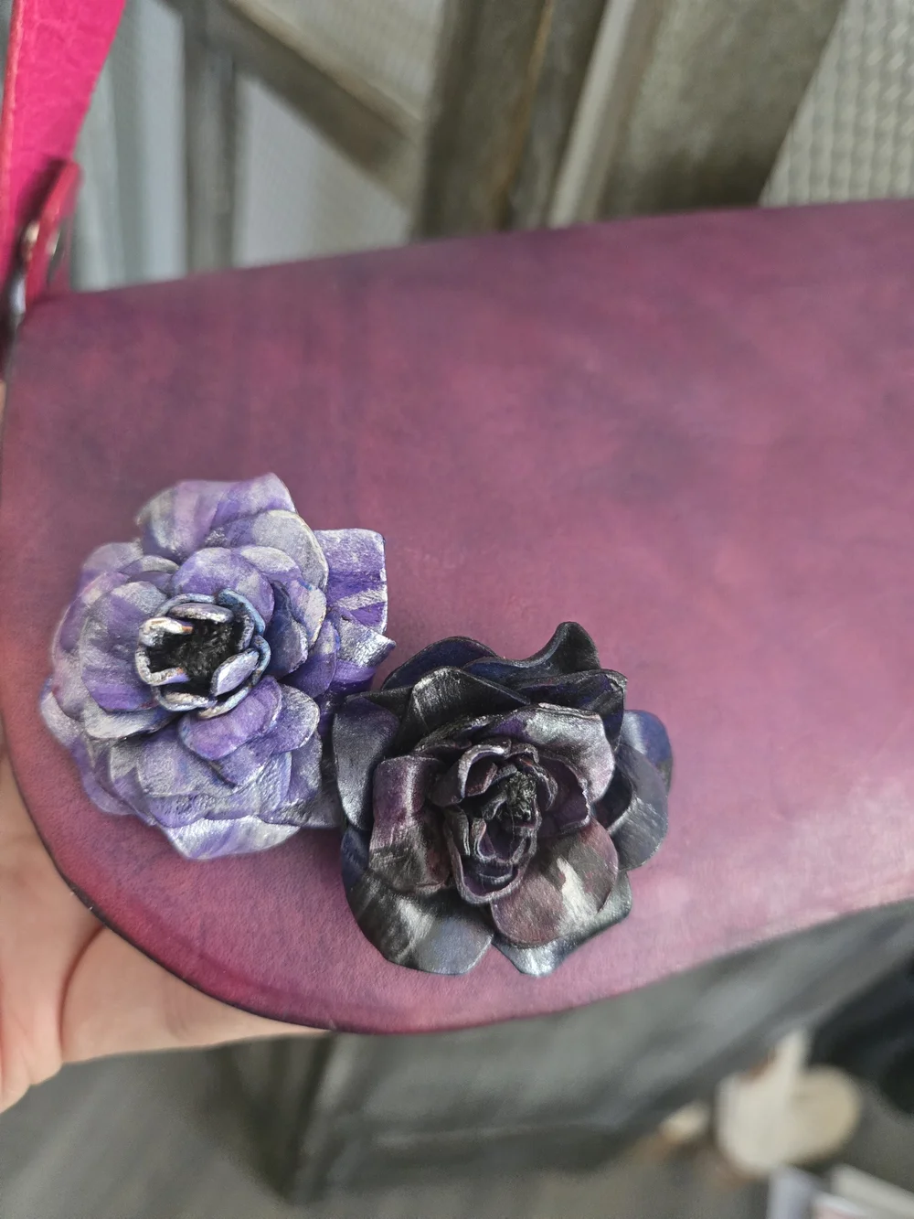Handcrafted Floral Leather Crossbody Bag in Pink and Purple